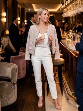 Basler (Germany)classic bouclé tweed blazer 38 white pink grey